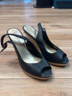 Lilly Pulitzer Women's Navy Blue Leather Peep Toe Wedge Slingback Sandals